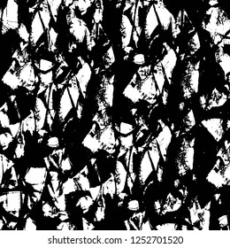 Abstract black and white vector background. Monochrome vintage surface with dirty pattern in cracks, spots, dots. Old painted wall in dark horror style design. Grunge overlay layer.