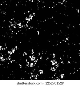 Abstract black and white vector background. Monochrome vintage surface with dirty pattern in cracks, spots, dots. Old painted wall in dark horror style design. Grunge overlay layer.