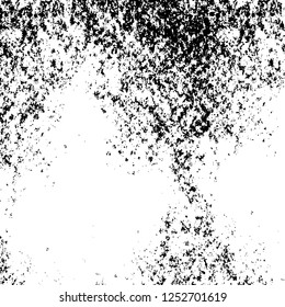 Abstract black and white vector background. Monochrome vintage surface with dirty pattern in cracks, spots, dots. Old painted wall in dark horror style design. Grunge overlay layer.