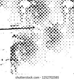 Abstract black and white vector background. Monochrome vintage surface with dirty pattern in cracks, spots, dots. Old painted wall in dark horror style design. Grunge overlay layer.
