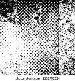 Abstract black and white vector background. Monochrome vintage surface with dirty pattern in cracks, spots, dots. Old painted wall in dark horror style design. Grunge overlay layer.