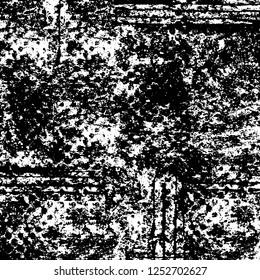 Abstract black and white vector background. Monochrome vintage surface with dirty pattern in cracks, spots, dots. Old painted wall in dark horror style design. Grunge overlay layer.