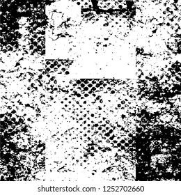Abstract black and white vector background. Monochrome vintage surface with dirty pattern in cracks, spots, dots. Old painted wall in dark horror style design. Grunge overlay layer.