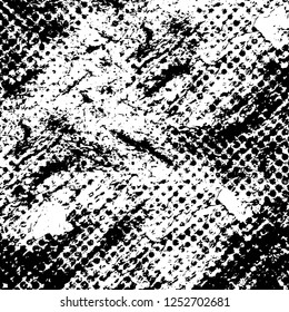 Abstract black and white vector background. Monochrome vintage surface with dirty pattern in cracks, spots, dots. Old painted wall in dark horror style design. Grunge overlay layer.