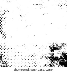 Abstract black and white vector background. Monochrome vintage surface with dirty pattern in cracks, spots, dots. Old painted wall in dark horror style design. Grunge overlay layer.