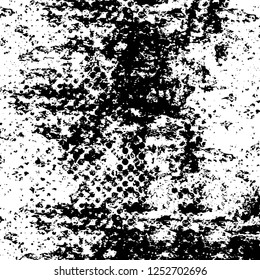 Abstract black and white vector background. Monochrome vintage surface with dirty pattern in cracks, spots, dots. Old painted wall in dark horror style design. Grunge overlay layer.