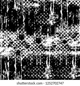 Abstract black and white vector background. Monochrome vintage surface with dirty pattern in cracks, spots, dots. Old painted wall in dark horror style design. Grunge overlay layer.