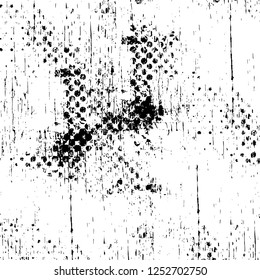 Abstract black and white vector background. Monochrome vintage surface with dirty pattern in cracks, spots, dots. Old painted wall in dark horror style design. Grunge overlay layer.