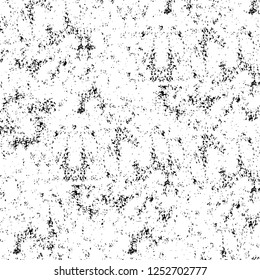 Abstract black and white vector background. Monochrome vintage surface with dirty pattern in cracks, spots, dots. Old painted wall in dark horror style design. Grunge overlay layer.