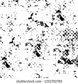 Abstract black and white vector background. Monochrome vintage surface with dirty pattern in cracks, spots, dots. Old painted wall in dark horror style design. Grunge overlay layer.