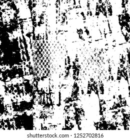 Abstract black and white vector background. Monochrome vintage surface with dirty pattern in cracks, spots, dots. Old painted wall in dark horror style design. Grunge overlay layer.