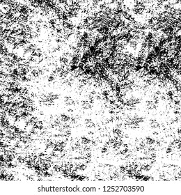 Abstract black and white vector background. Monochrome vintage surface with dirty pattern in cracks, spots, dots. Old painted wall in dark horror style design. Grunge overlay layer.