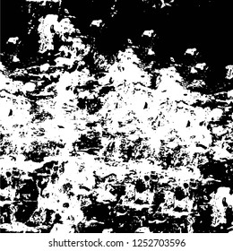 Abstract black and white vector background. Monochrome vintage surface with dirty pattern in cracks, spots, dots. Old painted wall in dark horror style design. Grunge overlay layer.