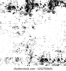 Abstract black and white vector background. Monochrome vintage surface with dirty pattern in cracks, spots, dots. Old painted wall in dark horror style design. Grunge overlay layer.
