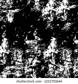 Abstract black and white vector background. Monochrome vintage surface with dirty pattern in cracks, spots, dots. Old painted wall in dark horror style design. Grunge overlay layer.