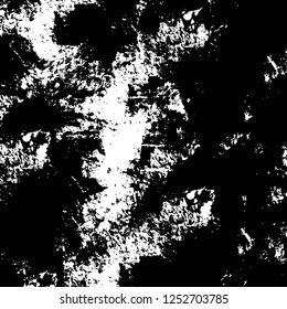 Abstract black and white vector background. Monochrome vintage surface with dirty pattern in cracks, spots, dots. Old painted wall in dark horror style design. Grunge overlay layer.