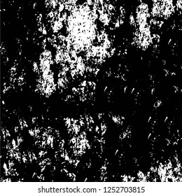 Abstract black and white vector background. Monochrome vintage surface with dirty pattern in cracks, spots, dots. Old painted wall in dark horror style design. Grunge overlay layer.