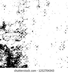 Abstract black and white vector background. Monochrome vintage surface with dirty pattern in cracks, spots, dots. Old painted wall in dark horror style design. Grunge overlay layer.