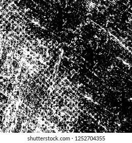 Abstract black and white vector background. Monochrome vintage surface with dirty pattern in cracks, spots, dots. Old painted wall in dark horror style design. Grunge overlay layer.