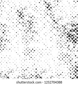 Abstract black and white vector background. Monochrome vintage surface with dirty pattern in cracks, spots, dots. Old painted wall in dark horror style design. Grunge overlay layer.