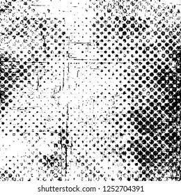 Abstract black and white vector background. Monochrome vintage surface with dirty pattern in cracks, spots, dots. Old painted wall in dark horror style design. Grunge overlay layer.