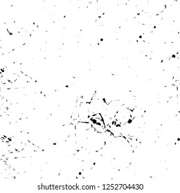 Abstract black and white vector background. Monochrome vintage surface with dirty pattern in cracks, spots, dots. Old painted wall in dark horror style design. Grunge overlay layer.