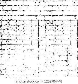 Abstract black and white vector background. Monochrome vintage surface with dirty pattern in cracks, spots, dots. Old painted wall in dark horror style design. Grunge overlay layer.