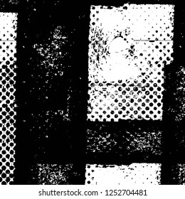 Abstract black and white vector background. Monochrome vintage surface with dirty pattern in cracks, spots, dots. Old painted wall in dark horror style design. Grunge overlay layer.