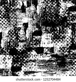 Abstract black and white vector background. Monochrome vintage surface with dirty pattern in cracks, spots, dots. Old painted wall in dark horror style design. Grunge overlay layer.