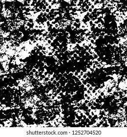 Abstract black and white vector background. Monochrome vintage surface with dirty pattern in cracks, spots, dots. Old painted wall in dark horror style design. Grunge overlay layer.
