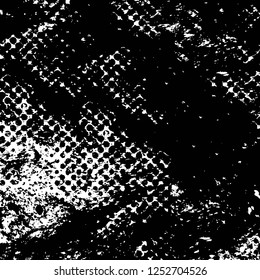 Abstract black and white vector background. Monochrome vintage surface with dirty pattern in cracks, spots, dots. Old painted wall in dark horror style design. Grunge overlay layer.