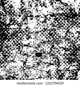 Abstract black and white vector background. Monochrome vintage surface with dirty pattern in cracks, spots, dots. Old painted wall in dark horror style design. Grunge overlay layer.