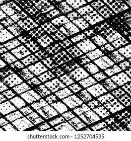 Abstract black and white vector background. Monochrome vintage surface with dirty pattern in cracks, spots, dots. Old painted wall in dark horror style design. Grunge overlay layer.
