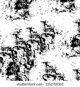 Abstract black and white vector background. Monochrome vintage surface with dirty pattern in cracks, spots, dots. Old painted wall in dark horror style design. Grunge overlay layer.