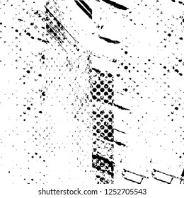 Abstract black and white vector background. Monochrome vintage surface with dirty pattern in cracks, spots, dots. Old painted wall in dark horror style design. Grunge overlay layer.