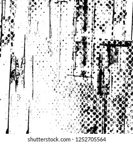 Abstract black and white vector background. Monochrome vintage surface with dirty pattern in cracks, spots, dots. Old painted wall in dark horror style design. Grunge overlay layer.