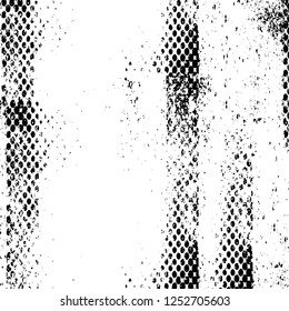 Abstract black and white vector background. Monochrome vintage surface with dirty pattern in cracks, spots, dots. Old painted wall in dark horror style design. Grunge overlay layer.