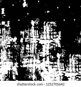 Abstract black and white vector background. Monochrome vintage surface with dirty pattern in cracks, spots, dots. Old painted wall in dark horror style design. Grunge overlay layer.