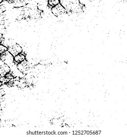 Abstract black and white vector background. Monochrome vintage surface with dirty pattern in cracks, spots, dots. Old painted wall in dark horror style design. Grunge overlay layer.