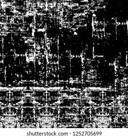 Abstract black and white vector background. Monochrome vintage surface with dirty pattern in cracks, spots, dots. Old painted wall in dark horror style design. Grunge overlay layer.