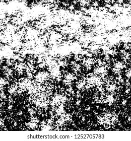 Abstract black and white vector background. Monochrome vintage surface with dirty pattern in cracks, spots, dots. Old painted wall in dark horror style design. Grunge overlay layer.