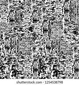 Abstract black and white vector background. Monochrome vintage surface with dirty pattern in cracks, spots, dots. Old painted wall in dark horror style design. Grunge overlay layer.