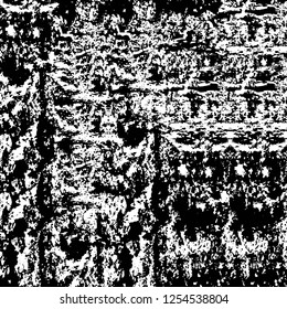 Abstract black and white vector background. Monochrome vintage surface with dirty pattern in cracks, spots, dots. Old painted wall in dark horror style design. Grunge overlay layer.
