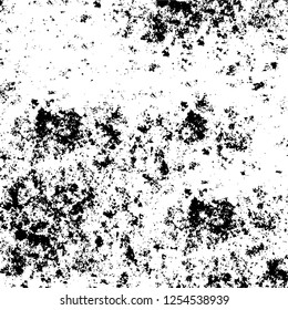 Abstract black and white vector background. Monochrome vintage surface with dirty pattern in cracks, spots, dots. Old painted wall in dark horror style design. Grunge overlay layer.