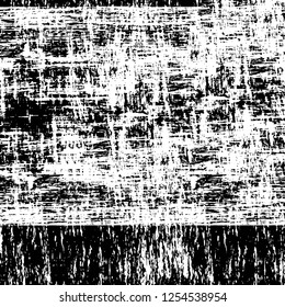 Abstract black and white vector background. Monochrome vintage surface with dirty pattern in cracks, spots, dots. Old painted wall in dark horror style design. Grunge overlay layer.