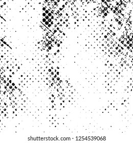 Abstract black and white vector background. Monochrome vintage surface with dirty pattern in cracks, spots, dots. Old painted wall in dark horror style design. Grunge overlay layer.