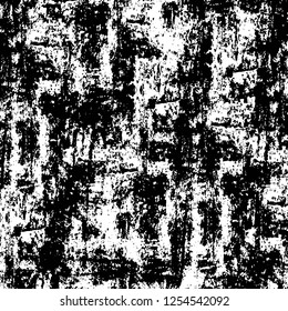Abstract black and white vector background. Monochrome vintage surface with dirty pattern in cracks, spots, dots. Old painted wall in dark horror style design. Grunge overlay layer.