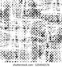 Abstract black and white vector background. Monochrome vintage surface with dirty pattern in cracks, spots, dots. Old painted wall in dark horror style design. Grunge overlay layer.