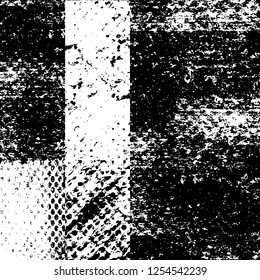Abstract black and white vector background. Monochrome vintage surface with dirty pattern in cracks, spots, dots. Old painted wall in dark horror style design. Grunge overlay layer.