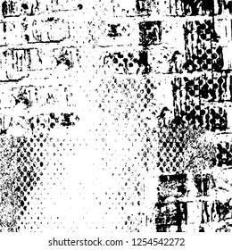 Abstract black and white vector background. Monochrome vintage surface with dirty pattern in cracks, spots, dots. Old painted wall in dark horror style design. Grunge overlay layer.